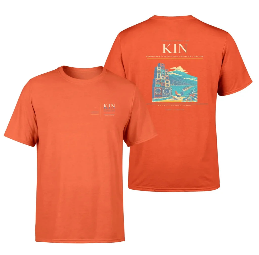 Norman Manley International Airport (KIN) design printed on orange double-side t-shirt