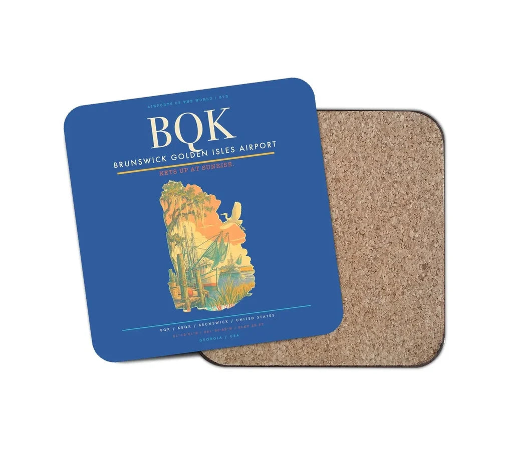 Brunswick Golden Isles Airport (BQK) design on blue 1 piece coaster
