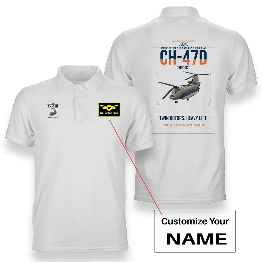 Boeing CH-47D design on white+name double-side polo t-shirt, double-side print