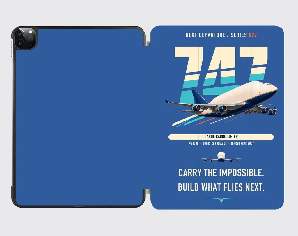 Boeing 747-400 Dreamlifter design on blue ipad tablet case