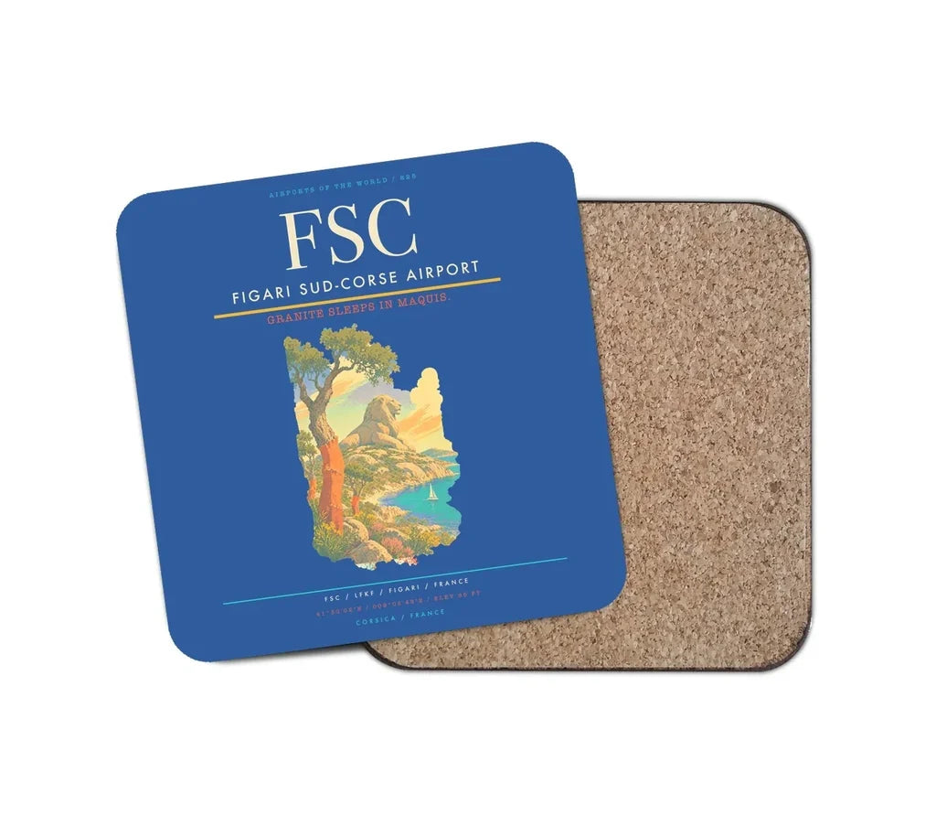 Figari Sud-Corse Airport (FSC) design on blue 1 piece coaster