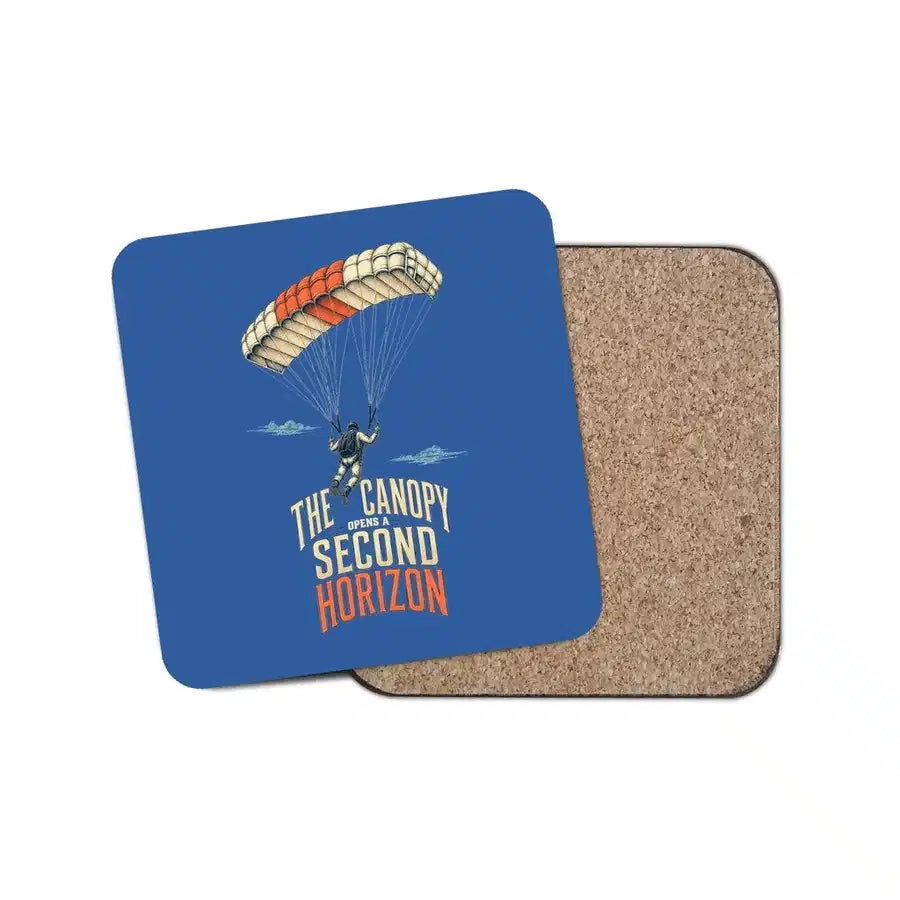 The Canopy Opens A Second Horizon design on blue 1 piece coaster