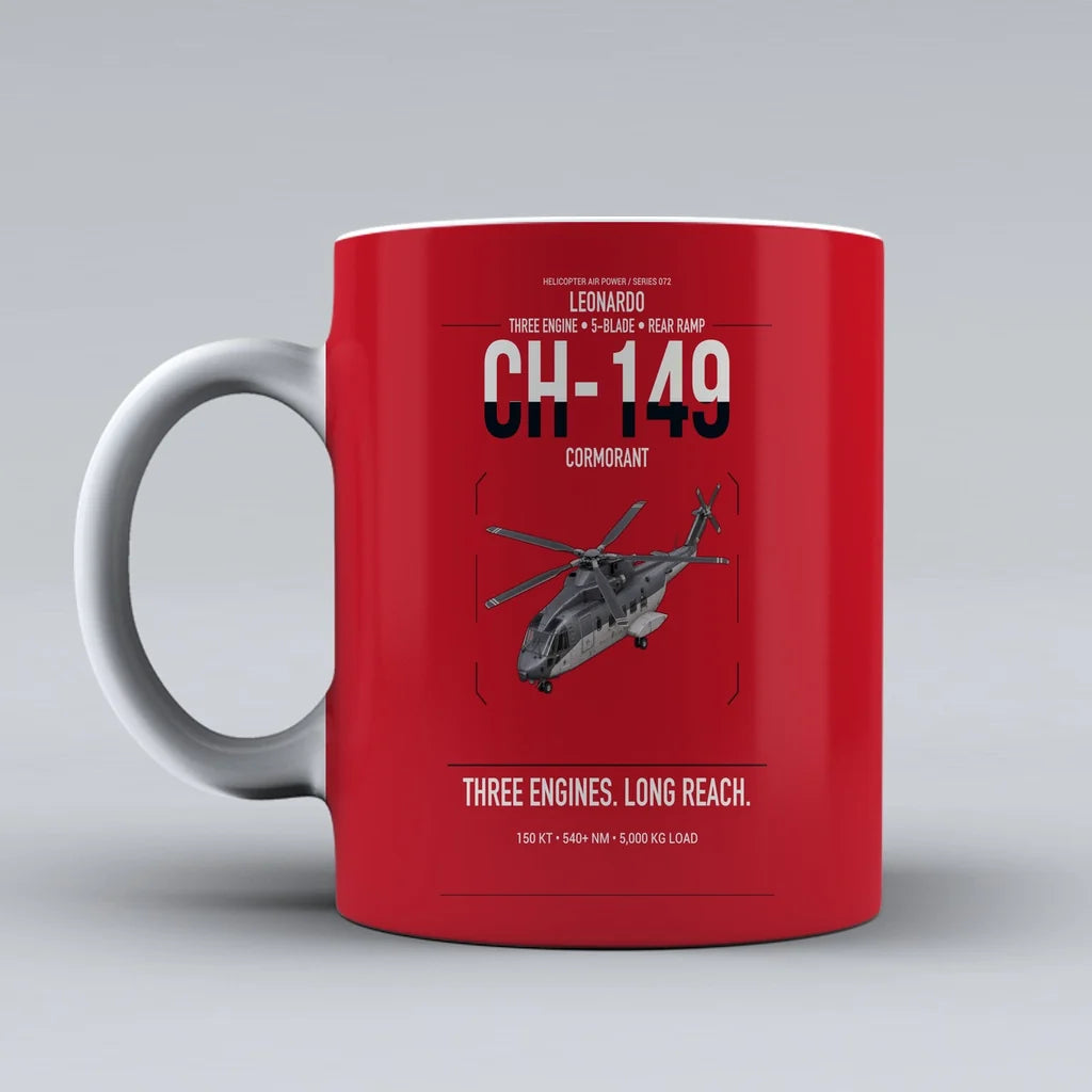 Leonardo CH-149 Cormorant design on red ceramic mug, double-side print