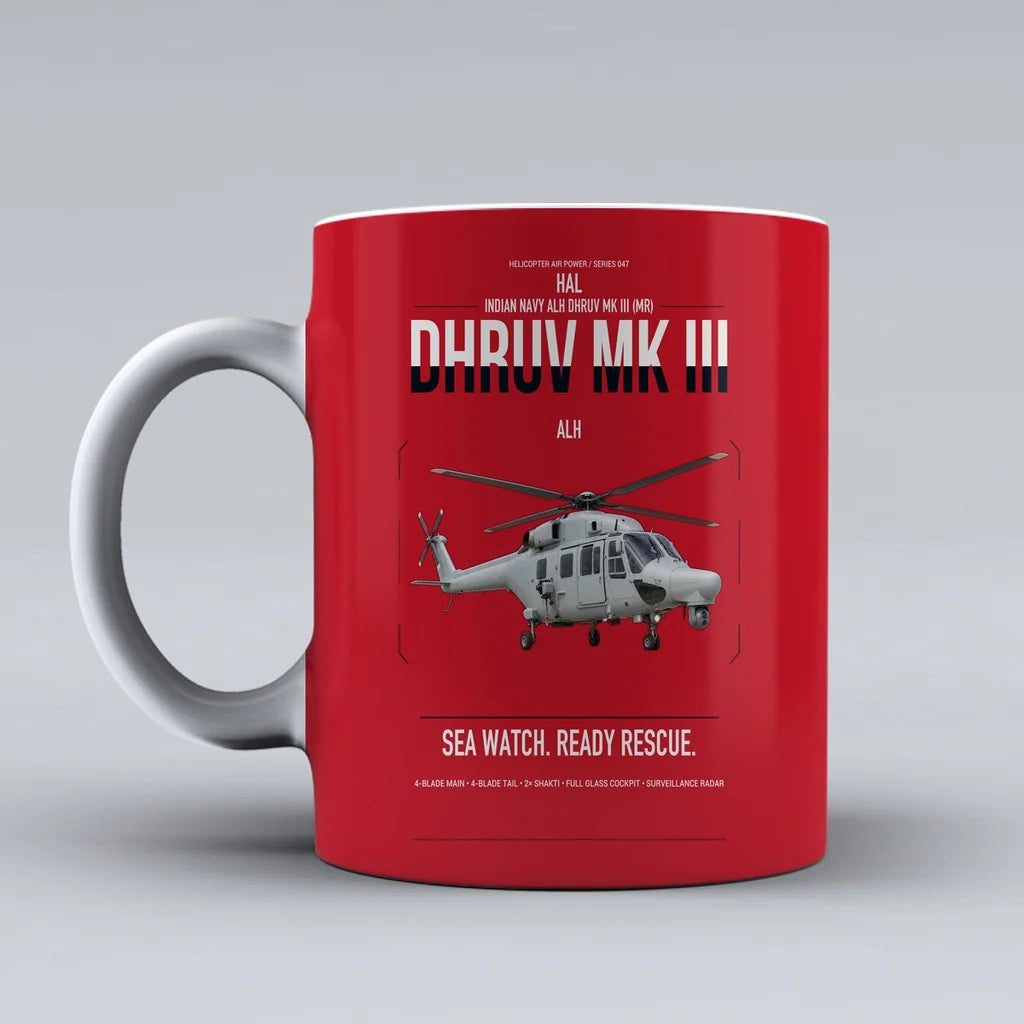 HAL ALH Dhruv Mk III design on red ceramic mug, double-side print