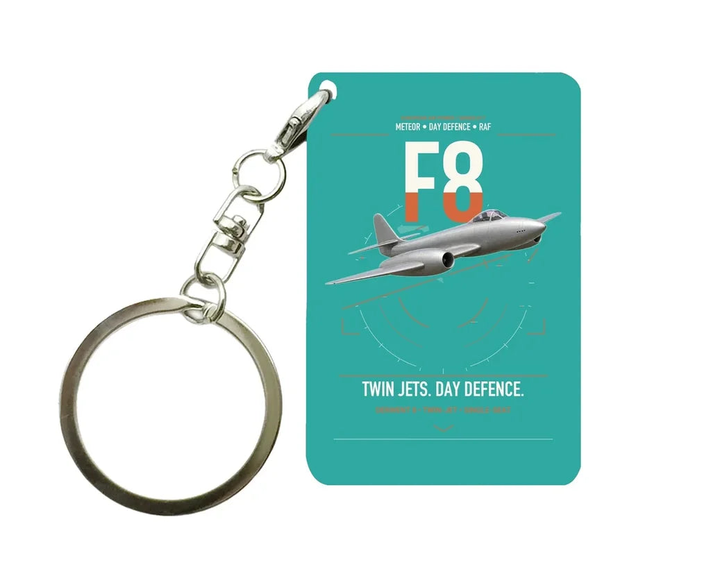 Gloster Meteor F8 design on turquoise designed key chain, double-side print