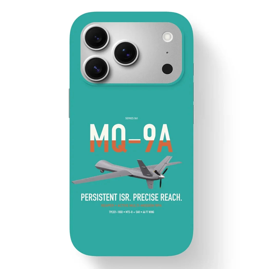 MQ-9A Reaper design on turquoise magsafe iphone case, for iPhone 17 Pro