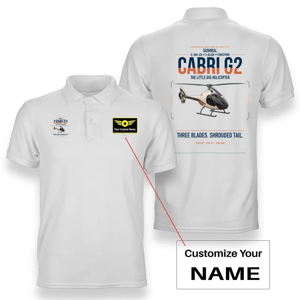 Guimbal Cabri G2 design on white+name double-side polo t-shirt, double-side print