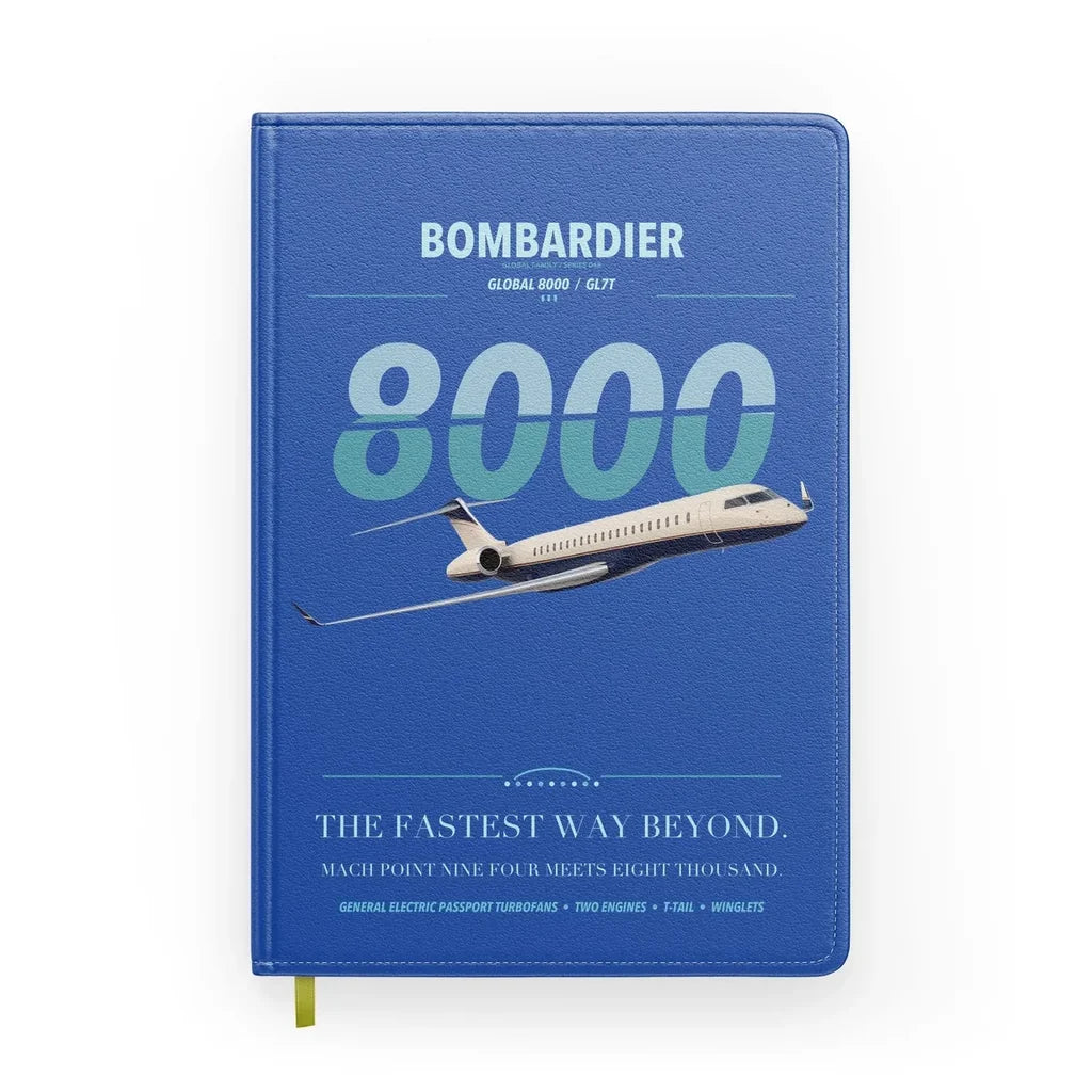 Bombardier Global 8000 design on blue notebook