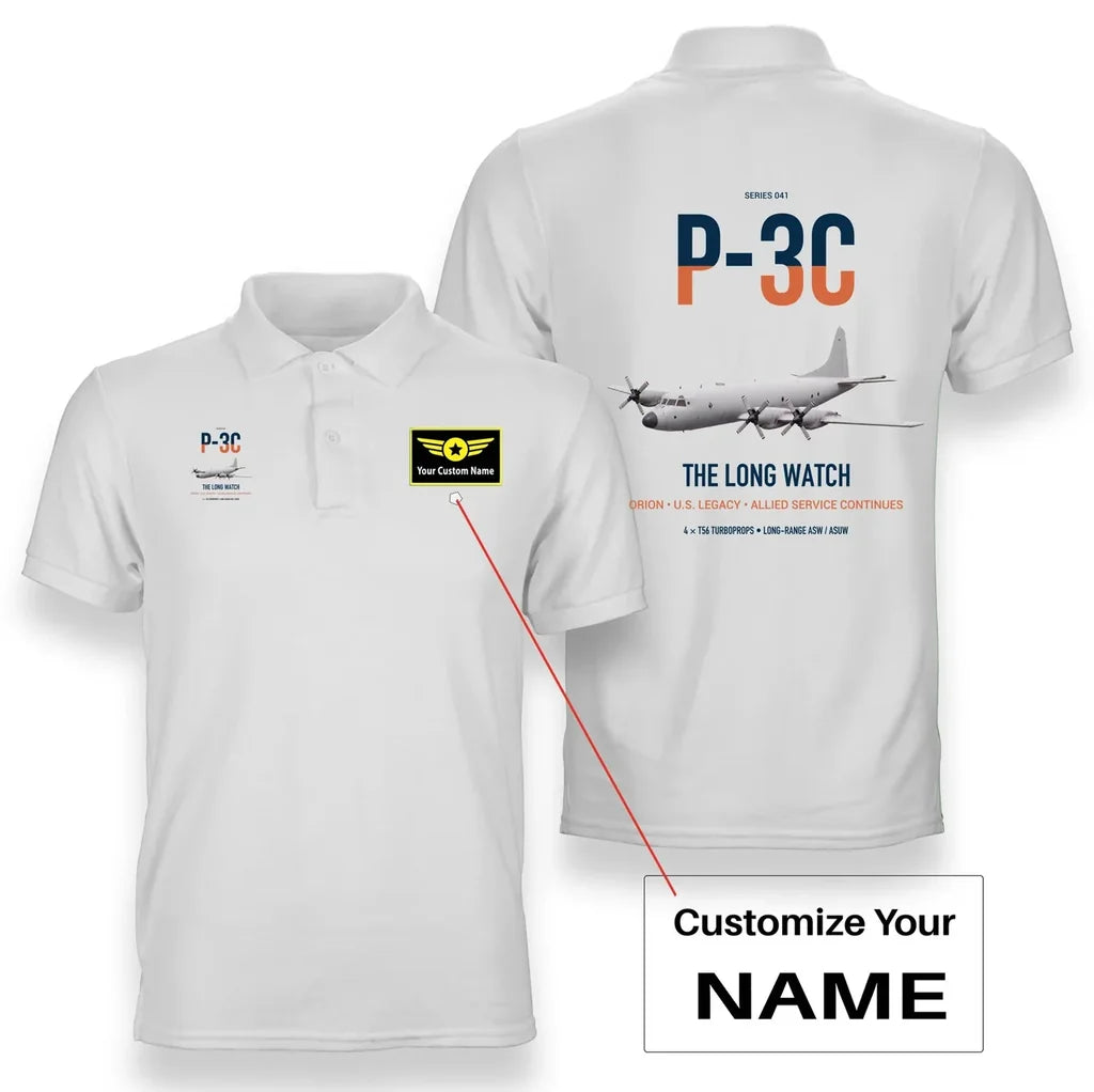 P-3C Orion design on white+name double-side polo t-shirt, double-side print