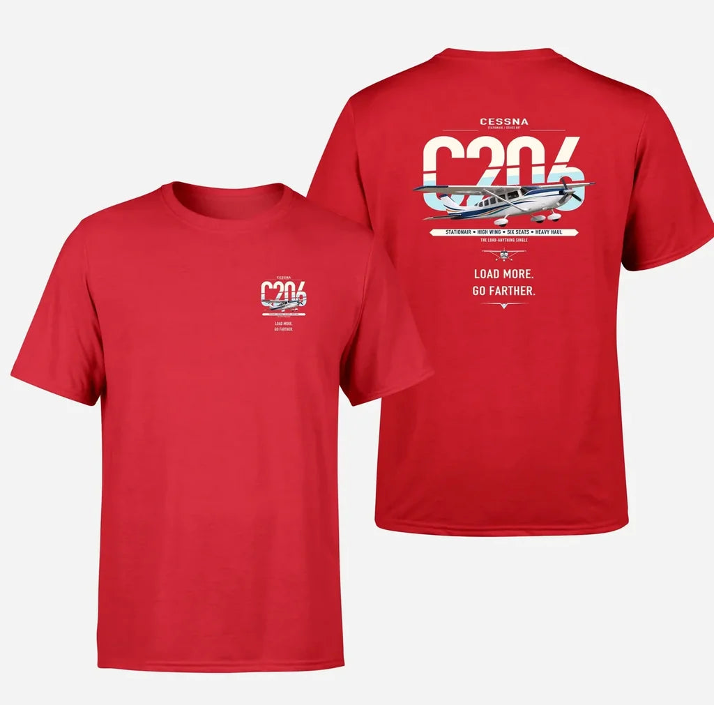 Cessna 206 Stationair design on red t-shirt, double-side print