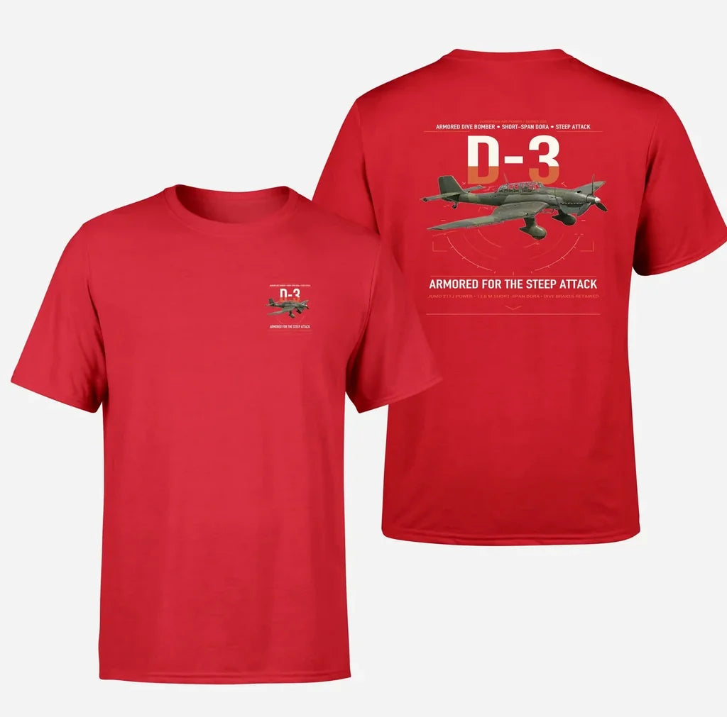 Junkers Ju 87D-3 design on red t-shirt, double-side print