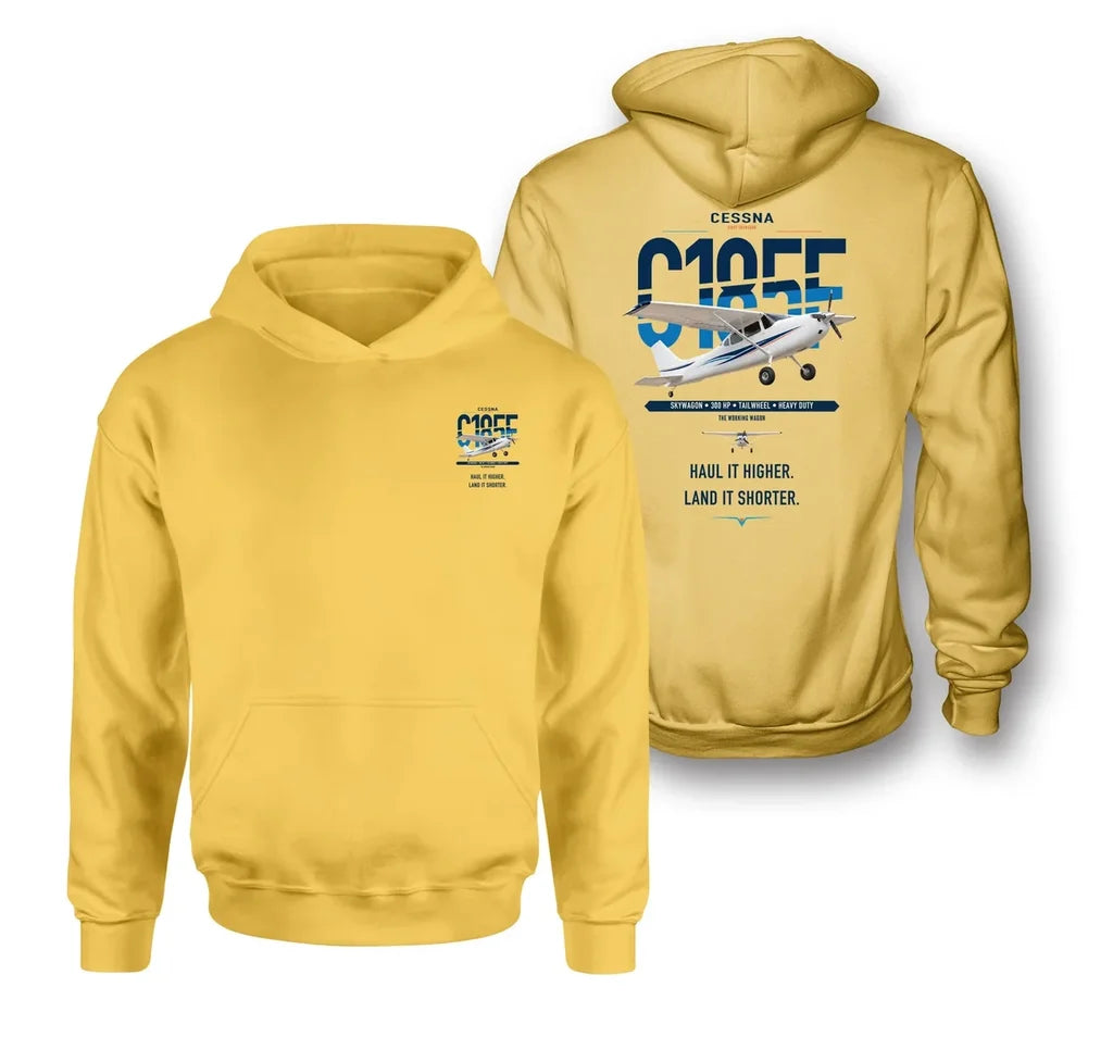Cessna A185F Skywagon design on yellow double-side hoodie, double-side print