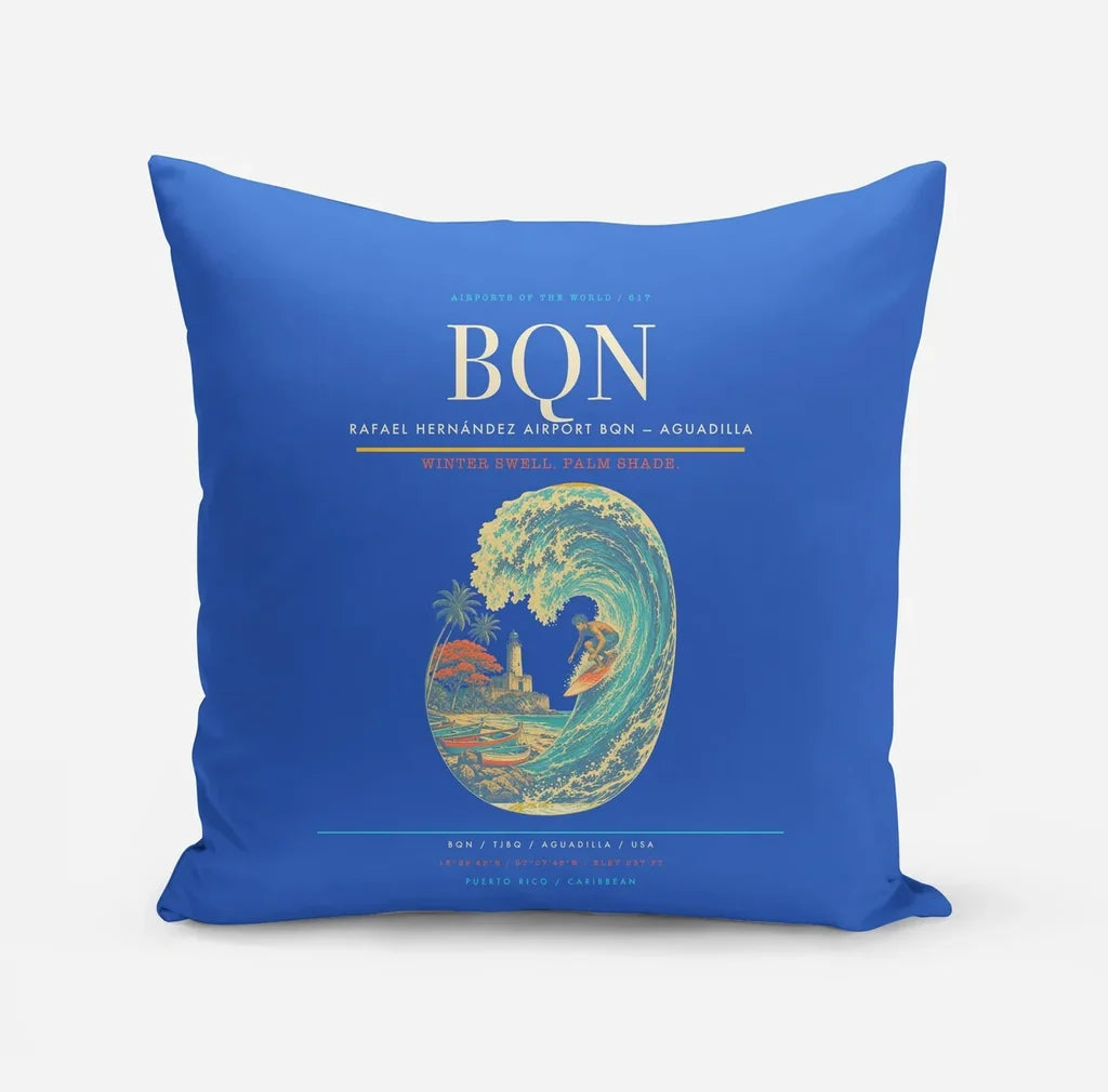 Rafael Hernández Airport (BQN) design on blue pillow