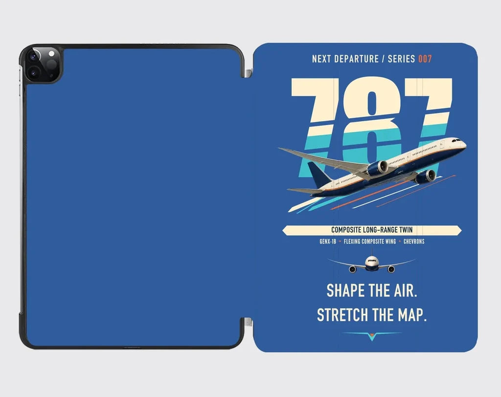 Boeing 787-9 Dreamliner design on blue ipad tablet case