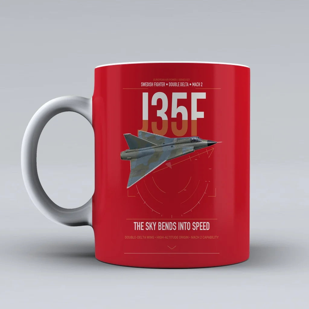 Saab J 35F Draken design on red ceramic mug, double-side print