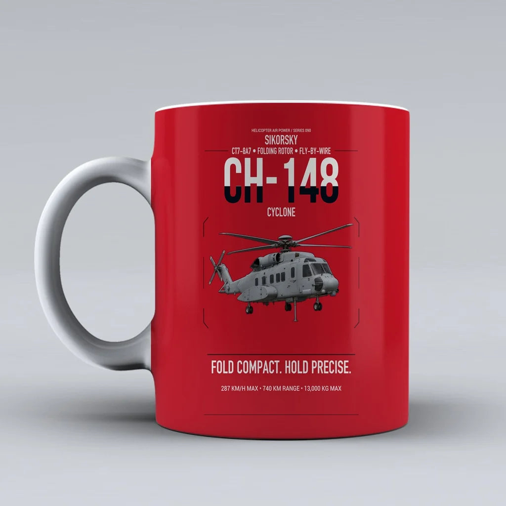 Sikorsky CH-148 Cyclone design on red ceramic mug, double-side print
