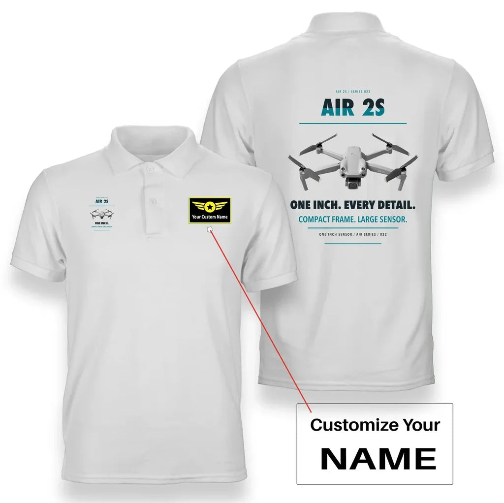 DJI Air 2S design on white polo with custom name badge