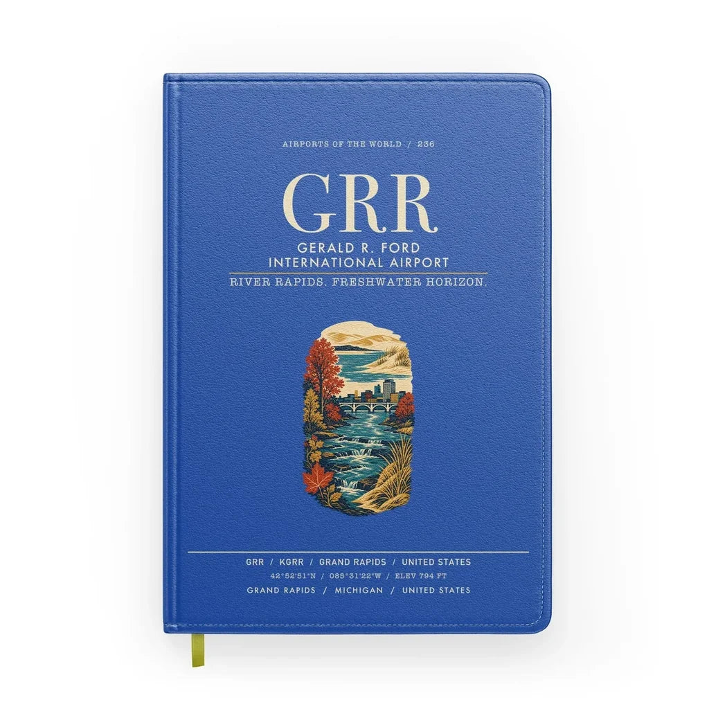 Gerald R. Ford International Airport Grand Rapids (GRR) design on blue notebook