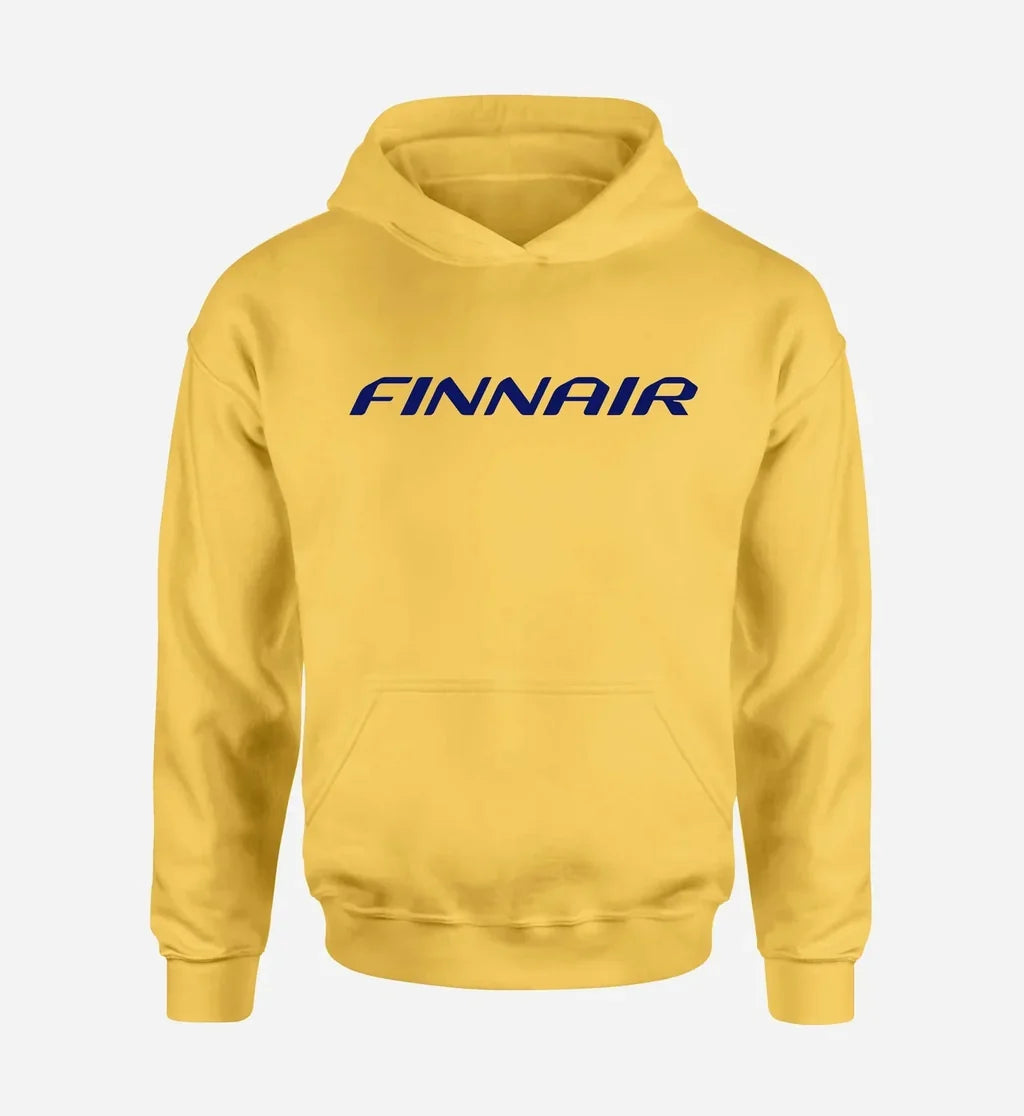 Finnair Airlines logo printed on yellow hoodie