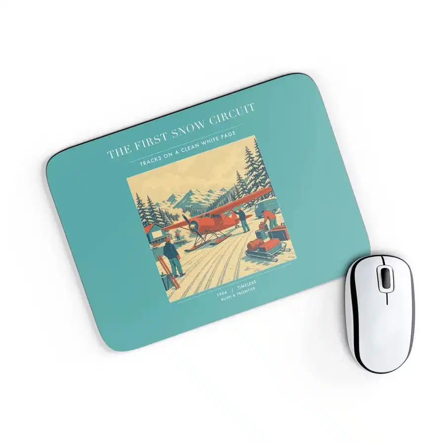 VINTAGE G4480 - The First Snow Circuit - Designed Mouse Pads design on turquoise rectangle