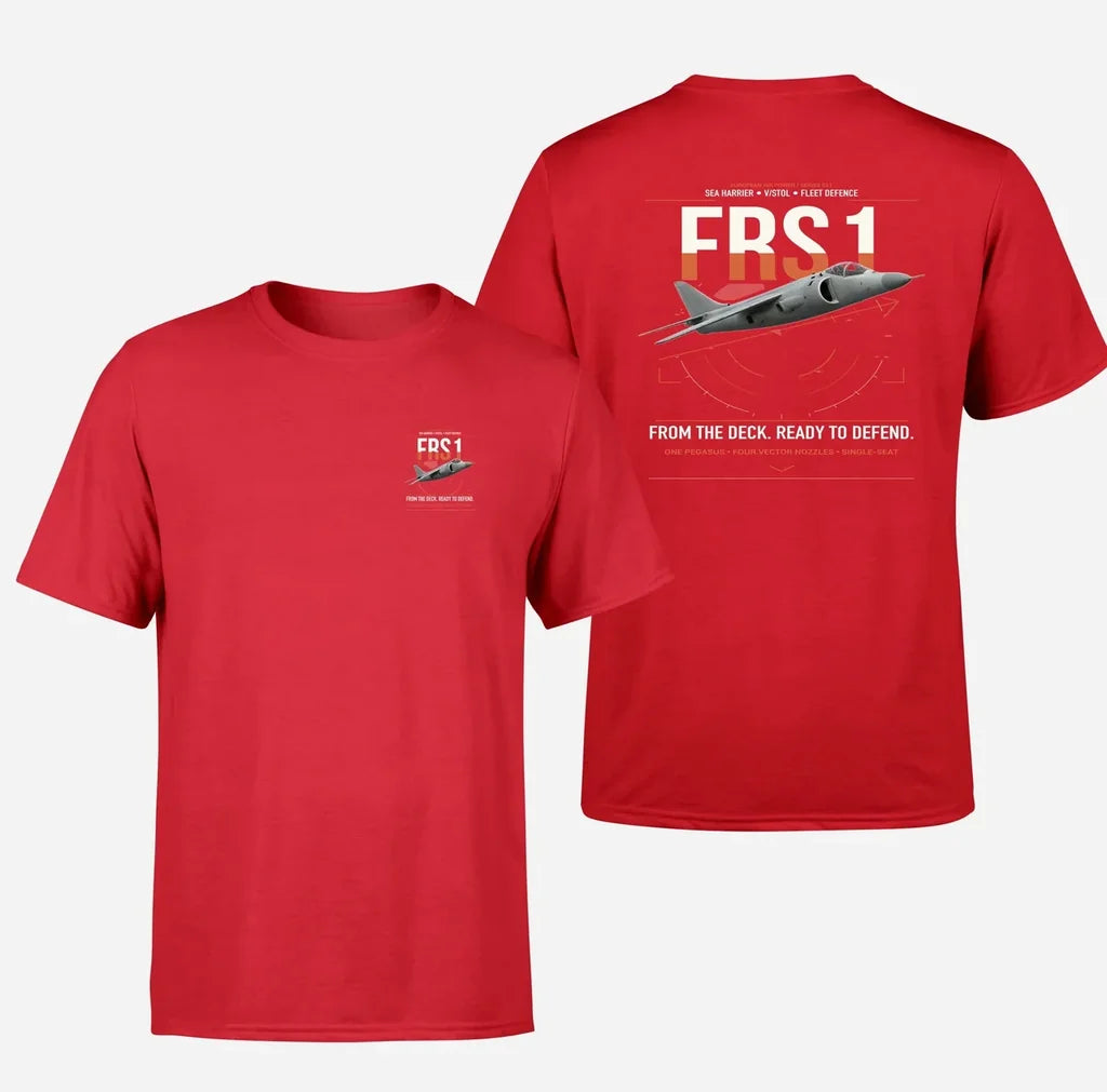 British Aerospace Sea Harrier FRS.1 design on red t-shirt, double-side print