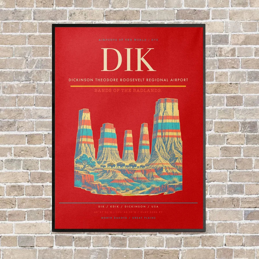 Dickinson Theodore Roosevelt Regional Airport DIK vertical canvas print - framed - red background
