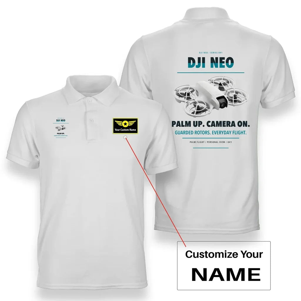 DJI Neo design on white polo with custom name badge