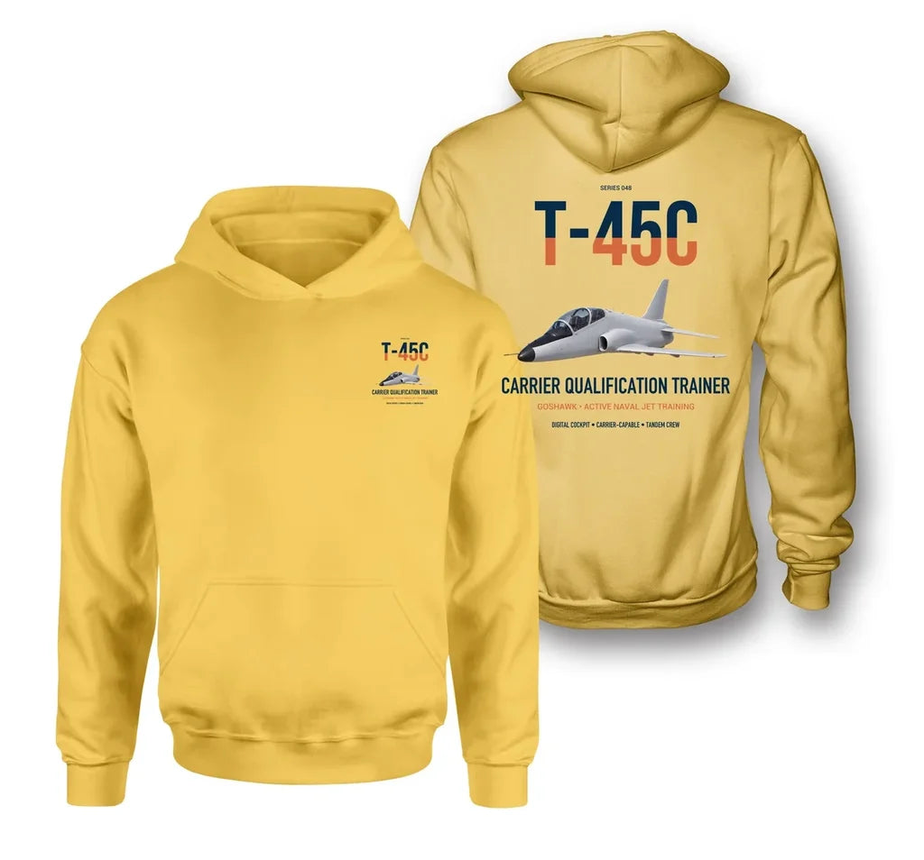 T-45C Goshawk design on yellow double-side hoodie, double-side print
