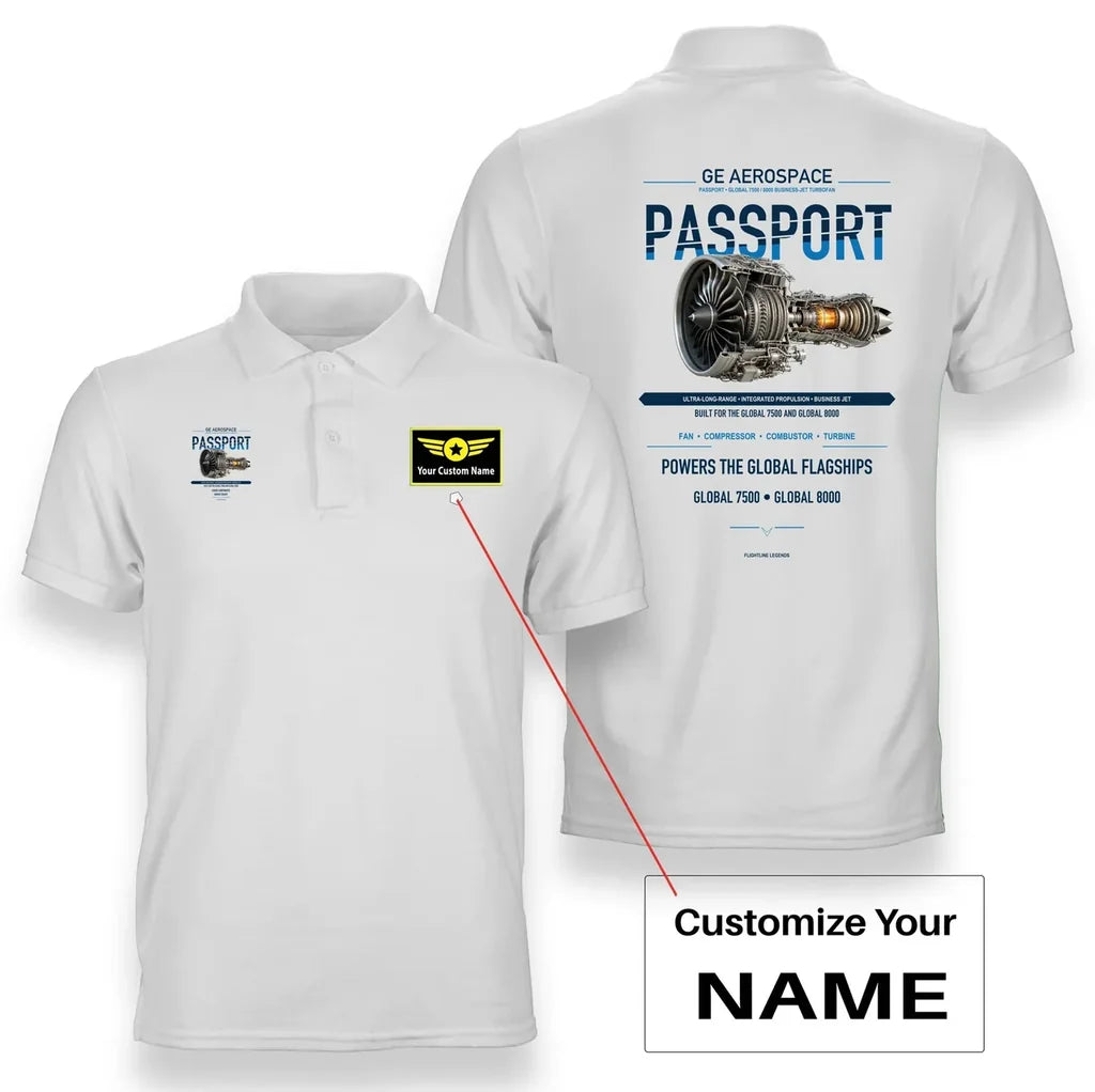 PASSPORT design on white polo with custom name badge