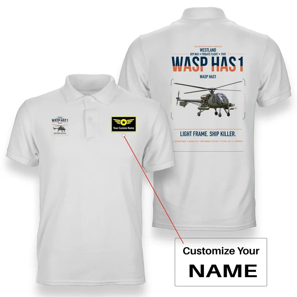 Westland Wasp HAS1 design on white+name double-side polo t-shirt, double-side print