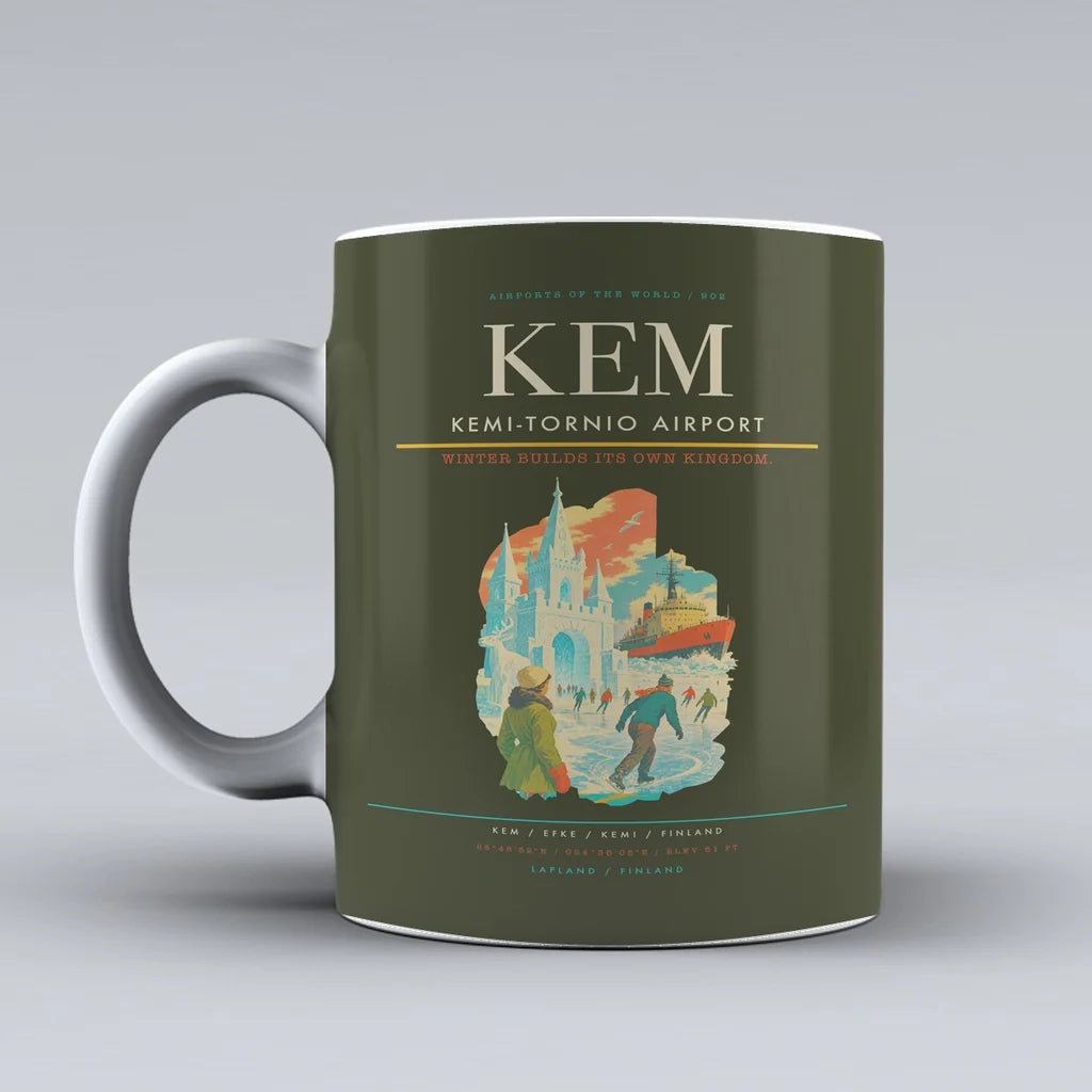 Kemi-Tornio Airport (KEM) airport code design on green army ceramic mug