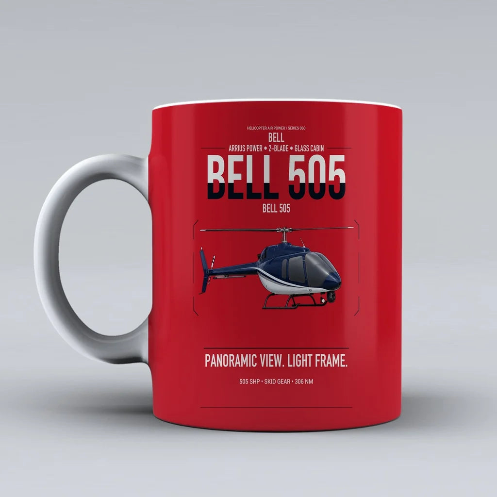 Bell 505 design on red ceramic mug, double-side print