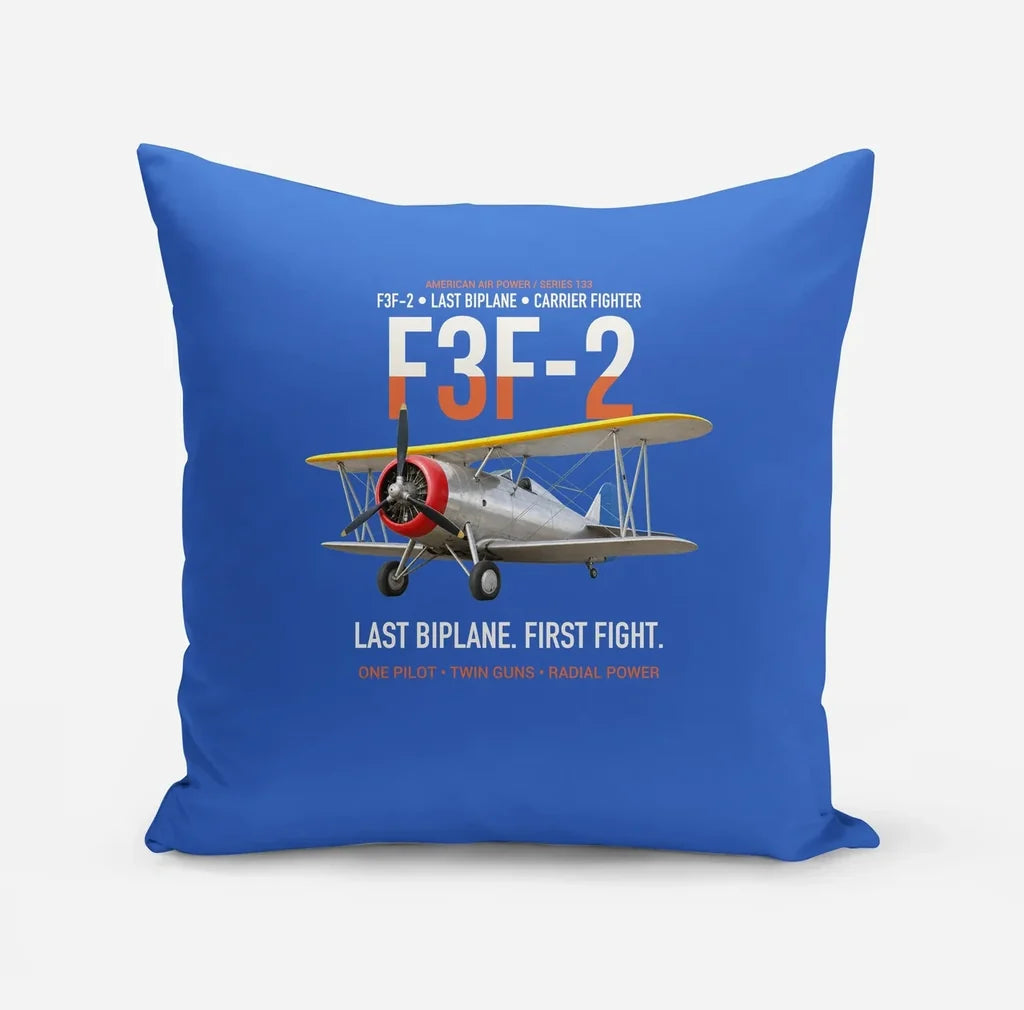 F3F-2 Last Biplane First Fight design on blue pillow