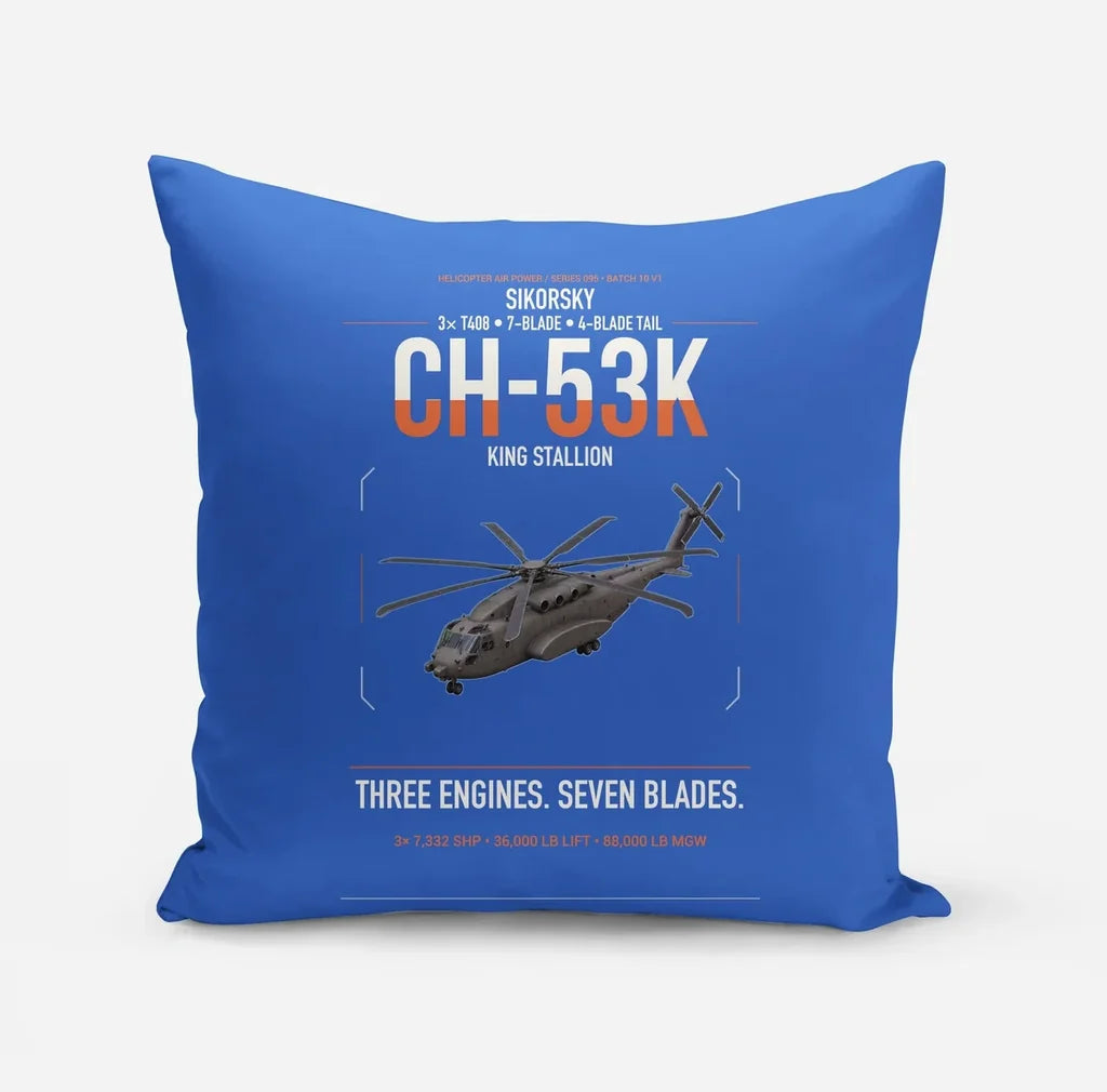 Sikorsky CH-53K King Stallion design on blue pillow