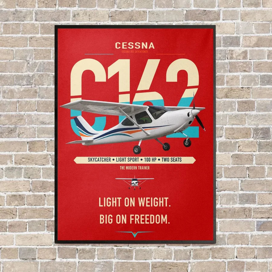 Cessna 162 Skycatcher vertical canvas print - framed - red background