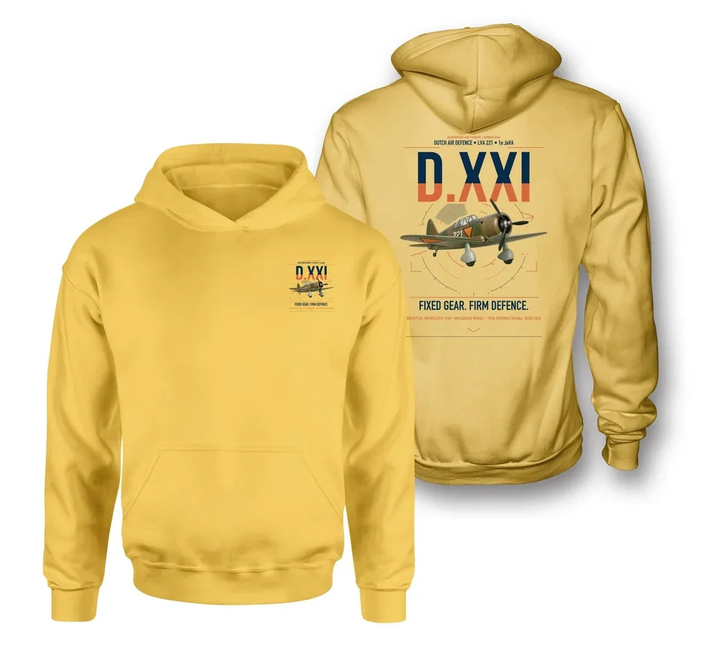 Fokker D.XXI — Dutch LVA aircraft 221 design on yellow double-side hoodie, double-side print