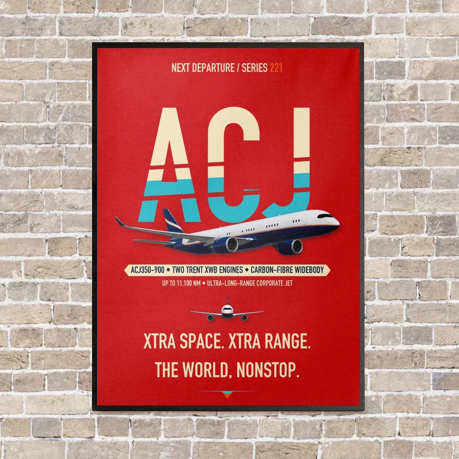 Airbus ACJ350 / exact ACJ350-900 vertical canvas print - framed - red background