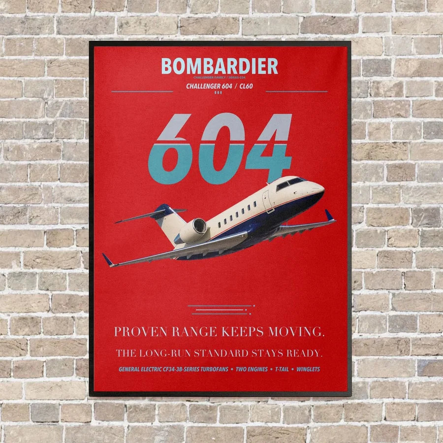 Bombardier Challenger 604 vertical canvas print - framed - red background