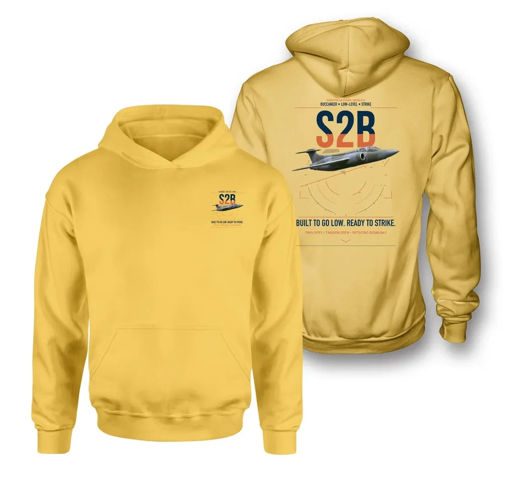 Blackburn Buccaneer S2B design on yellow double-side hoodie, double-side print