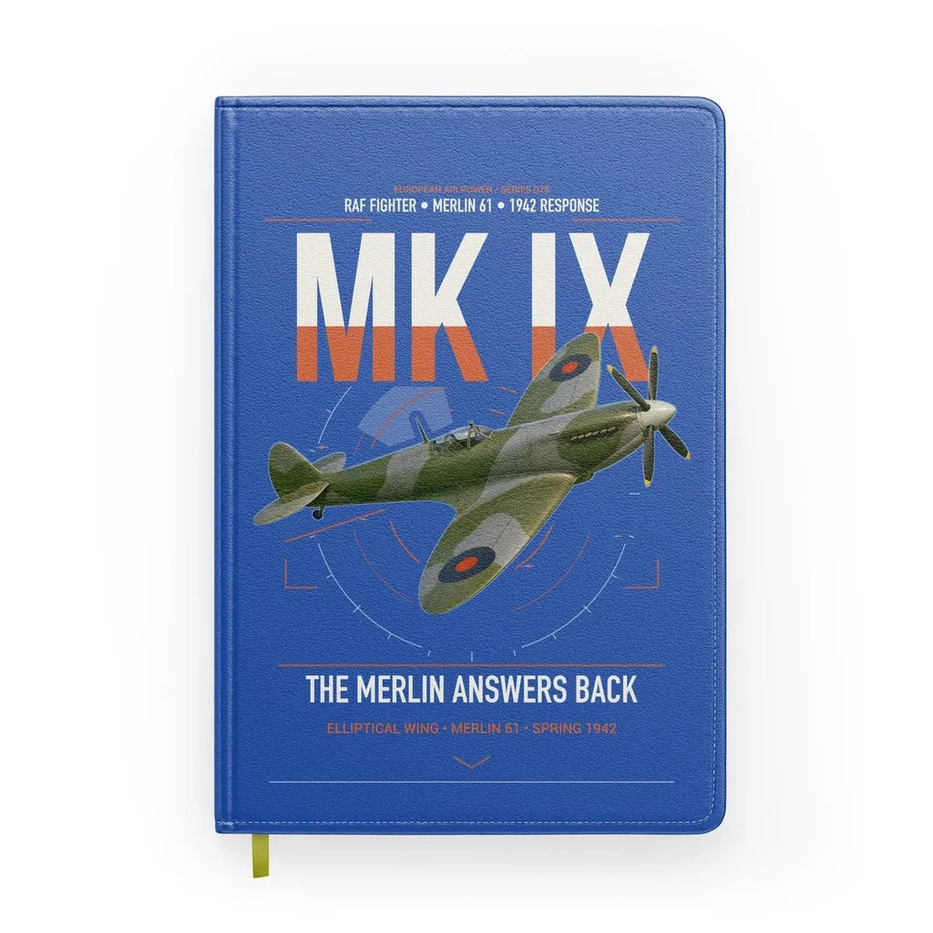 Supermarine Spitfire Mk IX design on blue notebook