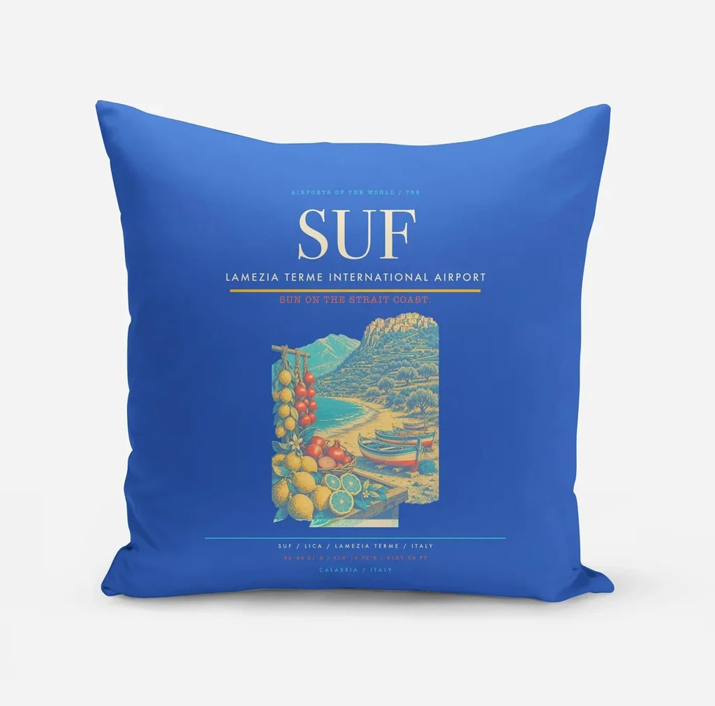 Lamezia Terme International Airport (SUF) design on blue pillow