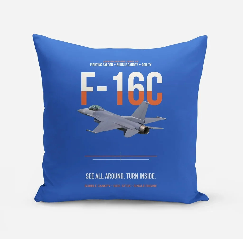 F-16C Fighting Falcon See All Around Turn Inside design on blue pillow