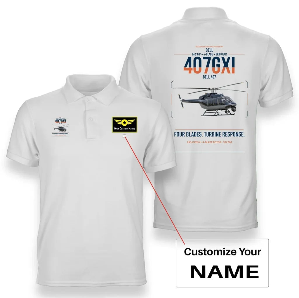 Bell 407GXi design on white+name double-side polo t-shirt, double-side print