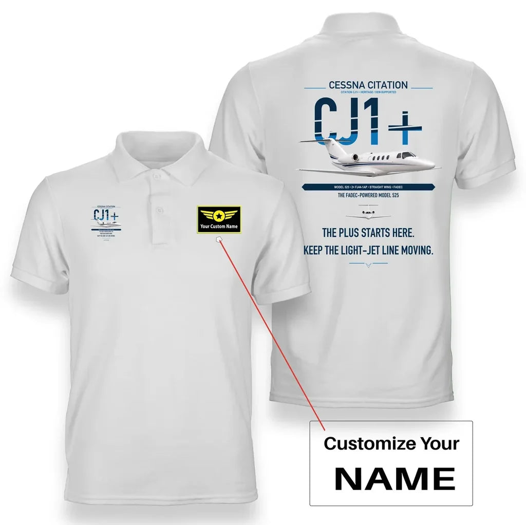 Cessna Citation CJ1+ design on white+name double-side polo t-shirt, double-side print