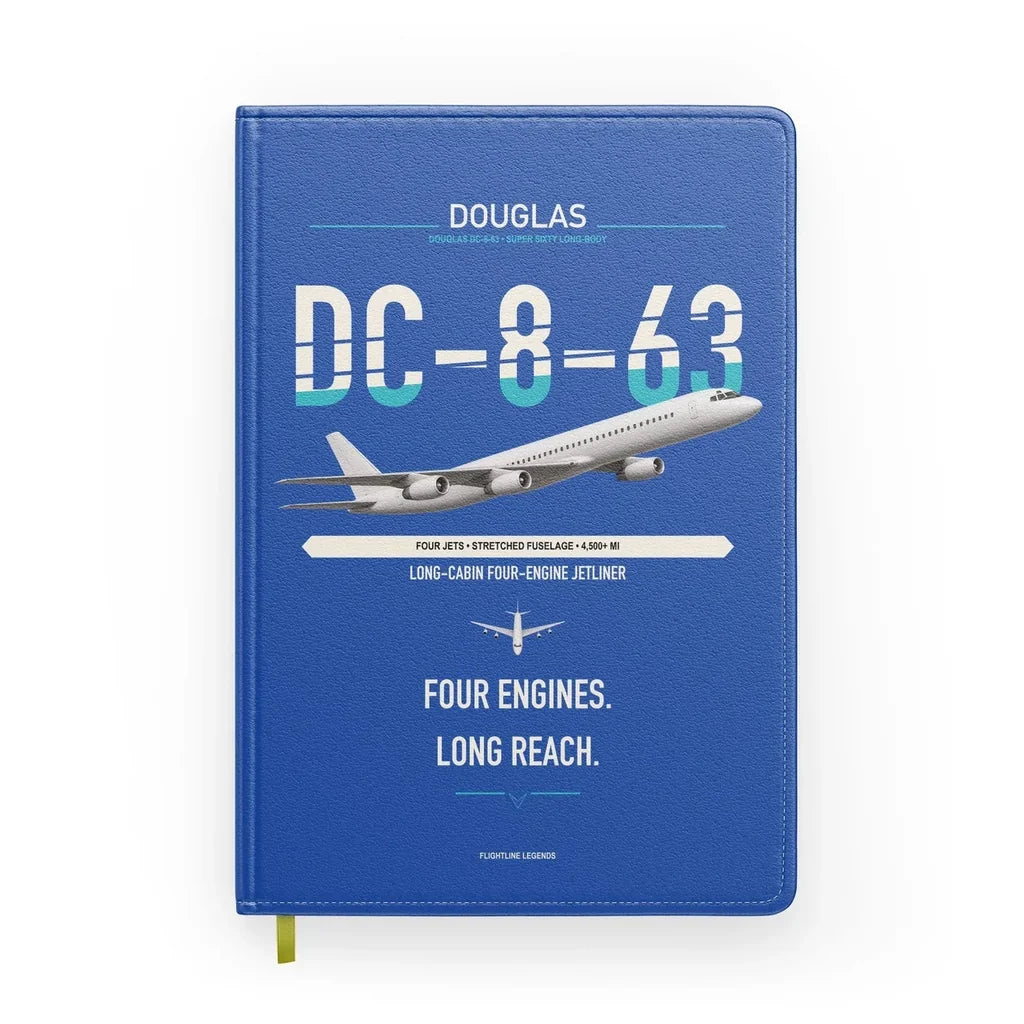 Douglas DC-8-63 design on blue notebook