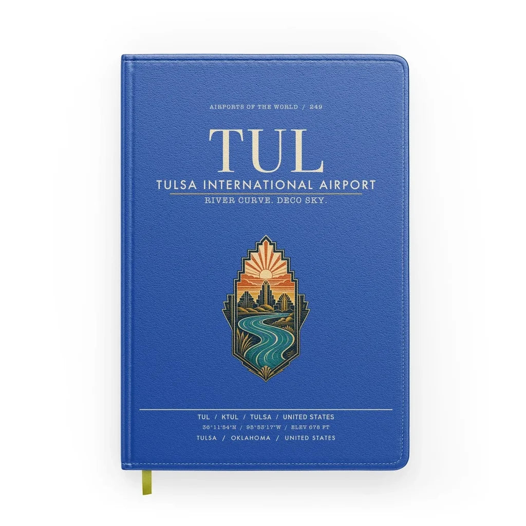 Tulsa International Airport (TUL) design on blue notebook
