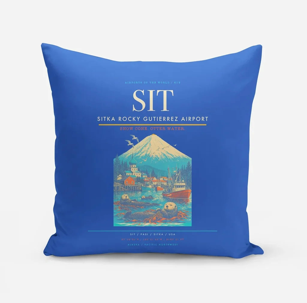 Sitka Rocky Gutierrez Airport (SIT) design on blue pillow