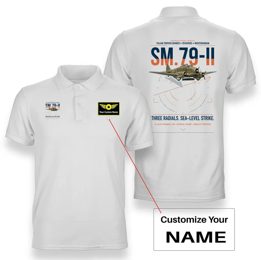 Savoia-Marchetti SM.79-II Sparviero design on white+name double-side polo t-shirt, double-side print