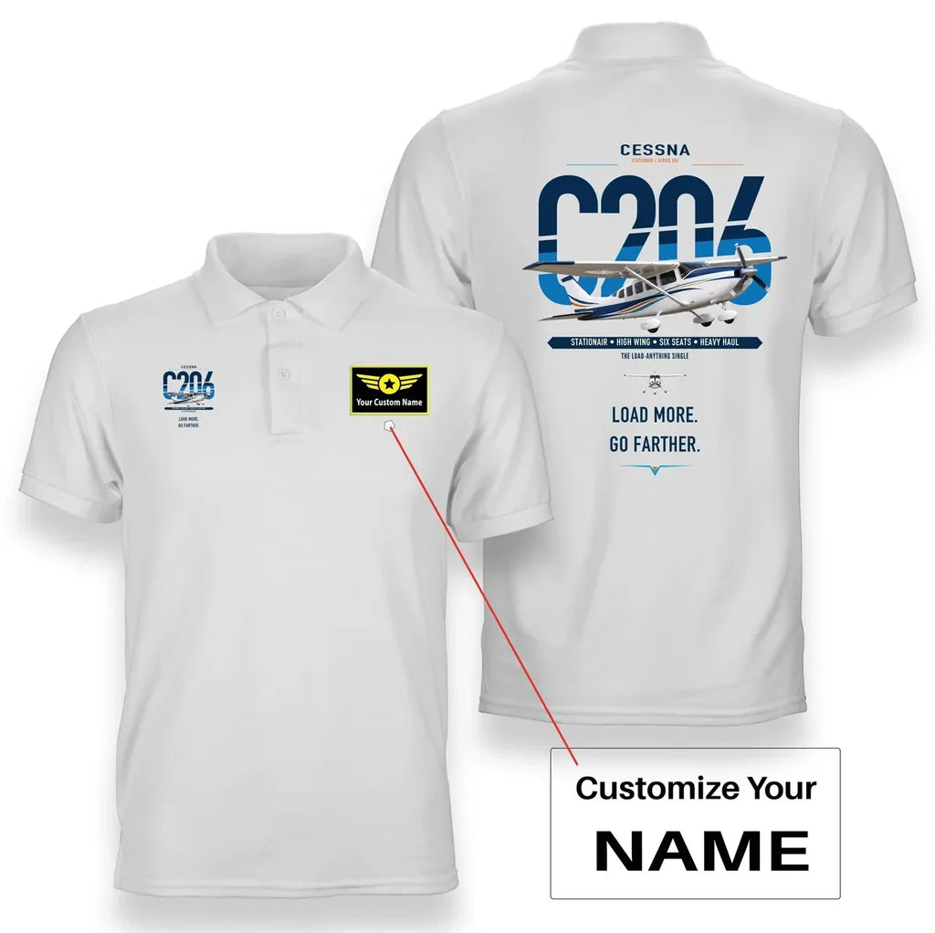 Cessna 206 Stationair design on white+name double-side polo t-shirt, double-side print