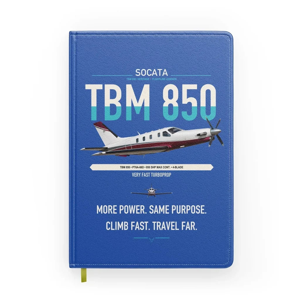 Socata TBM 850 design on blue notebook